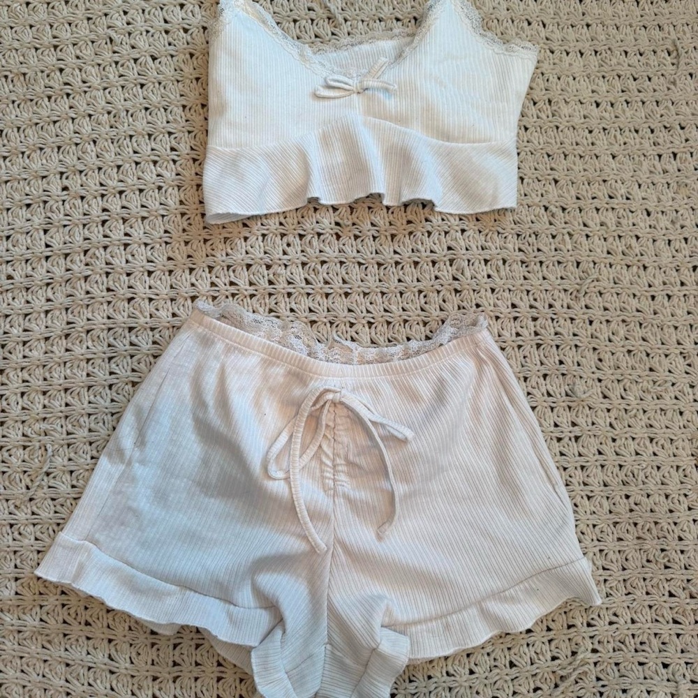 SHEIN Cream Ribbed Pajama Set